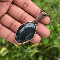 Green Moos Agate Gemstone Handmade Copper Wire Wrap Chain Pendant 2.36" Sunkarton