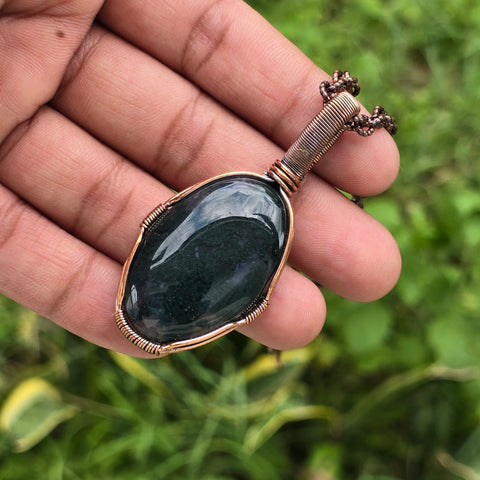 Green Moos Agate Gemstone Handmade Copper Wire Wrap Chain Pendant 2.36