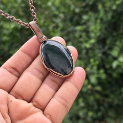 Green Moos Agate Gemstone Handmade Copper Wire Wrap Chain Pendant 2.36" Sunkarton