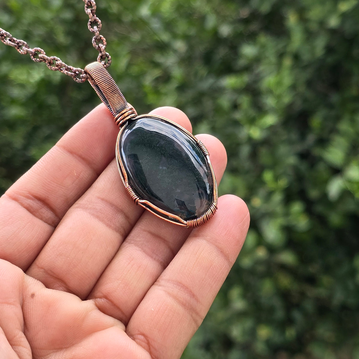 Green Moos Agate Gemstone Handmade Copper Wire Wrap Chain Pendant 2.36" Sunkarton