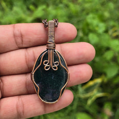 Green Moos Agate Gemstone Handmade Copper Wire Wrap Chain Pendant 2.36" Sunkarton