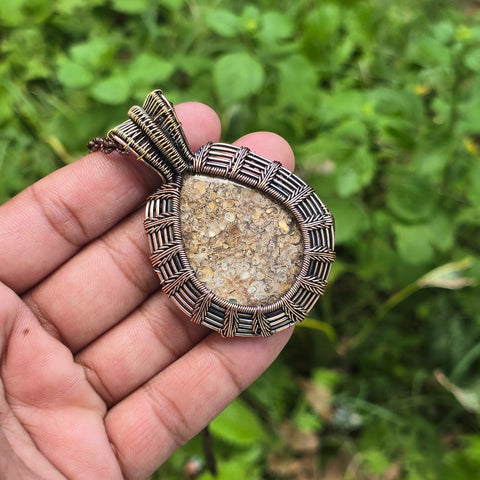 Dinosaur Bone Fossil Gemstone Handmade Copper Wire Wrap Chain Pendant 2.75