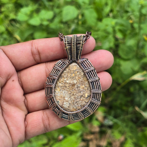 Dinosaur Bone Fossil Gemstone Handmade Copper Wire Wrap Chain Pendant 2.75