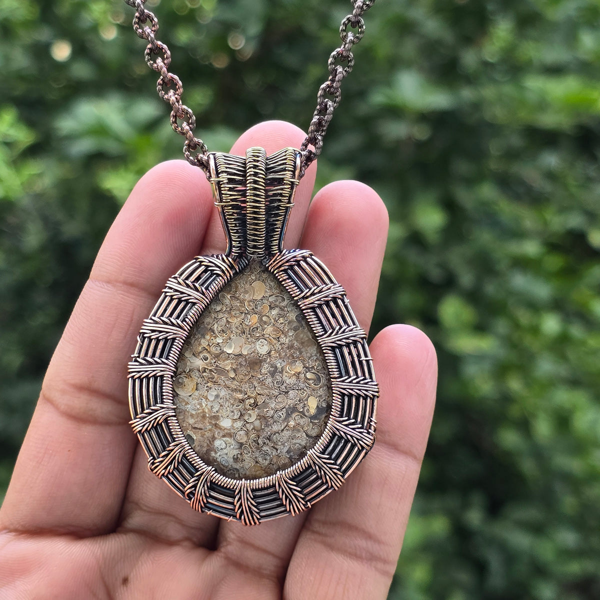 Dinosaur Bone Fossil Gemstone Handmade Copper Wire Wrap Chain Pendant 2.75" Sunkarton