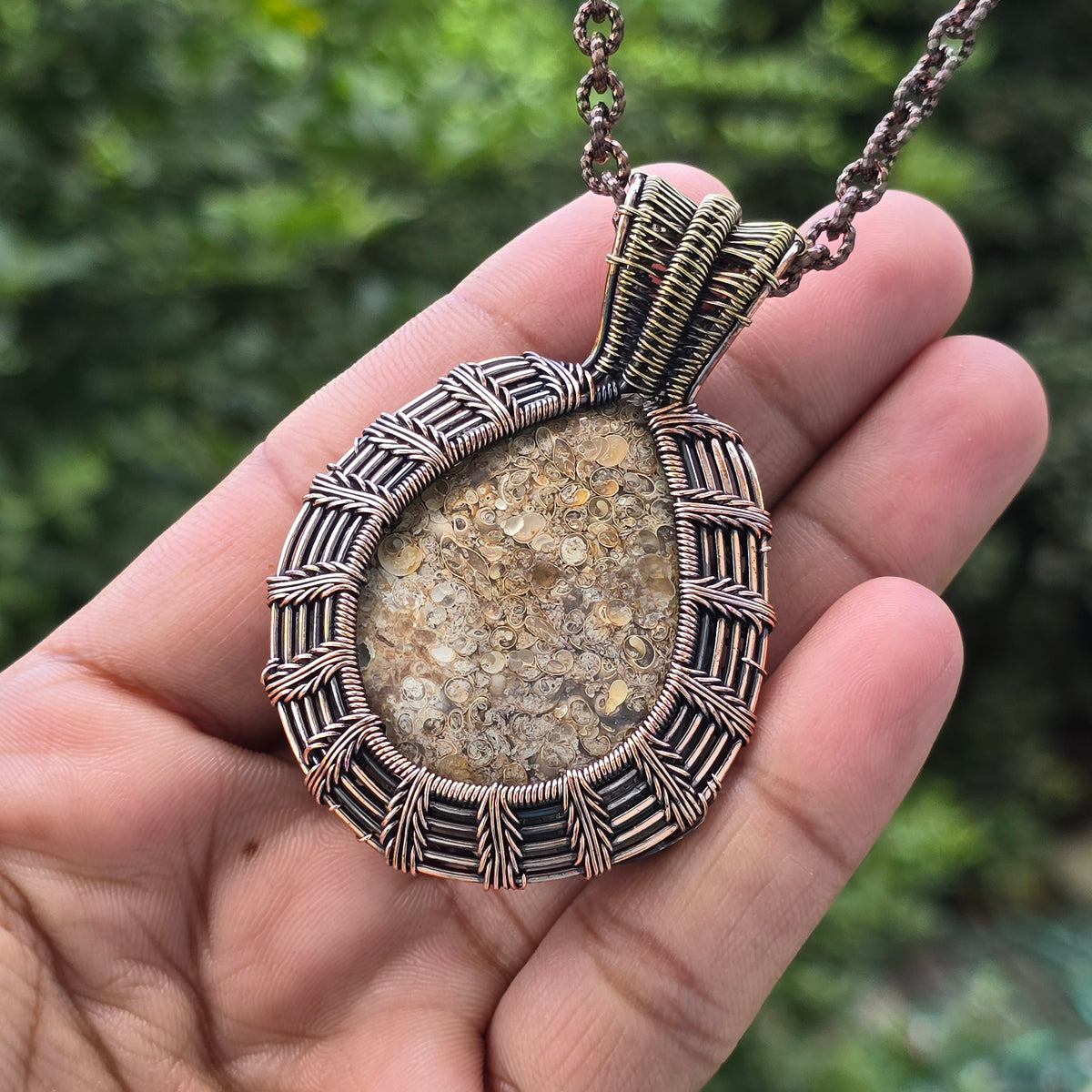 Dinosaur Bone Fossil Gemstone Handmade Copper Wire Wrap Chain Pendant 2.75" Sunkarton