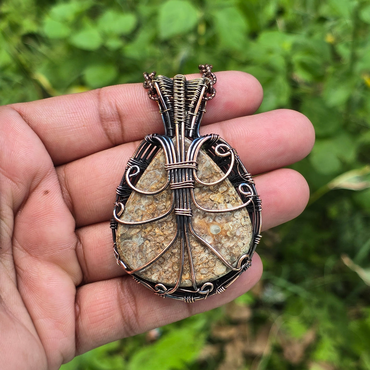 Dinosaur Bone Fossil Gemstone Handmade Copper Wire Wrap Chain Pendant 2.75" Sunkarton