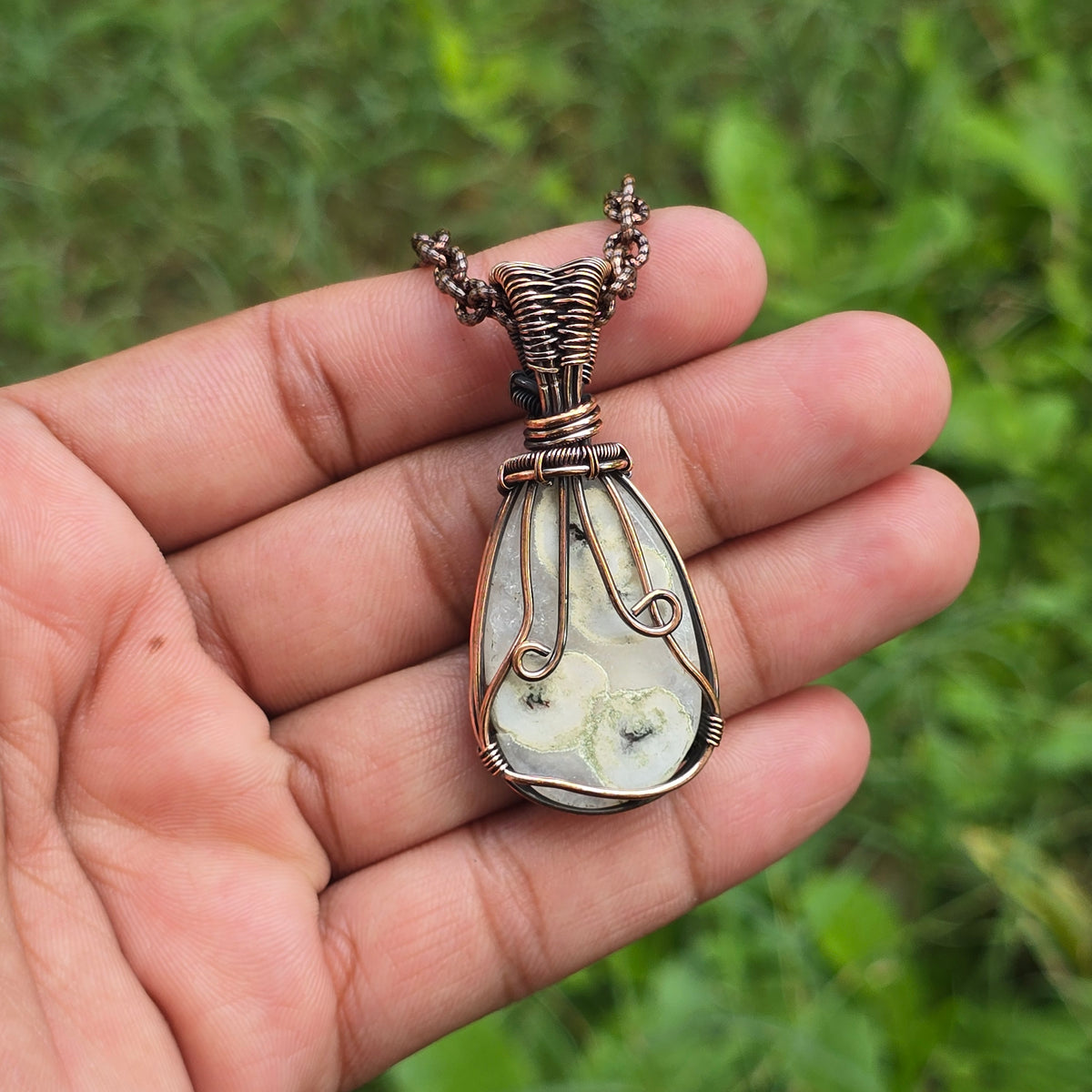 Solar Quartz Gemstone Handmade Copper Wire Wrap Chain Pendant 2.16" Sunkarton