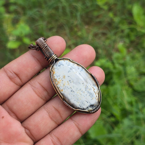 Dendrite Opal Gemstone Handmade Copper Wire Wrap Chain Pendant 2.55
