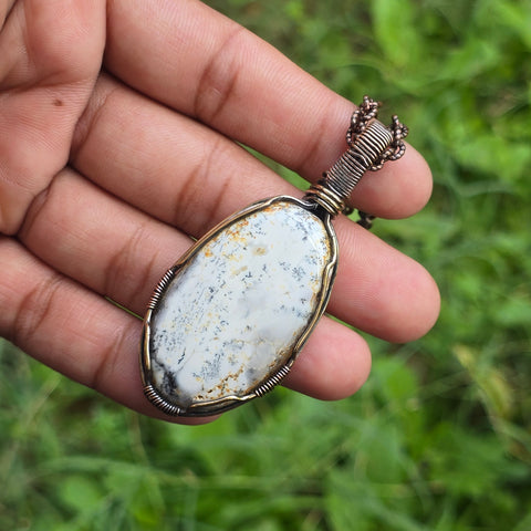 Dendrite Opal Gemstone Handmade Copper Wire Wrap Chain Pendant 2.55