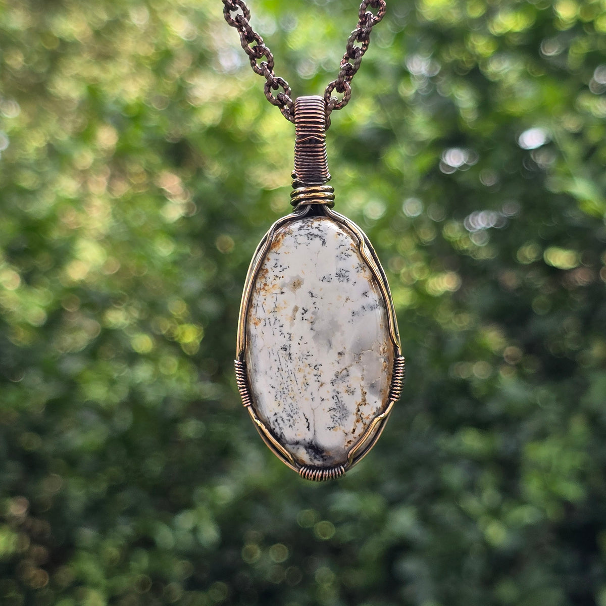 Dendrite Opal Gemstone Handmade Copper Wire Wrap Chain Pendant 2.55" Sunkarton