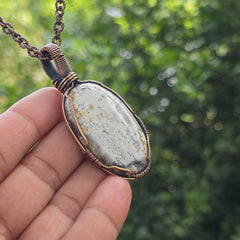 Dendrite Opal Gemstone Handmade Copper Wire Wrap Chain Pendant 2.55" Sunkarton