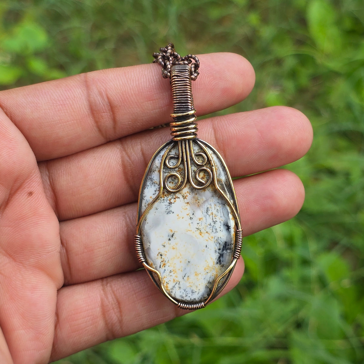 Dendrite Opal Gemstone Handmade Copper Wire Wrap Chain Pendant 2.55" Sunkarton