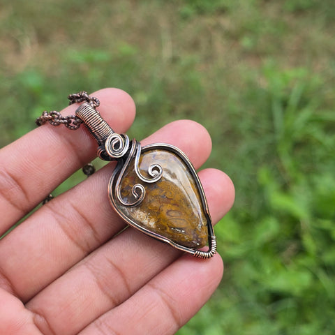 Plume Agate Gemstone Handmade Copper Wire Wrap Chain Pendant 2.36