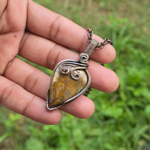 Plume Agate Gemstone Handmade Copper Wire Wrap Chain Pendant 2.36