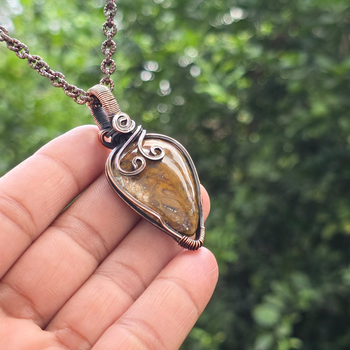 Plume Agate Gemstone Handmade Copper Wire Wrap Chain Pendant 2.36" Sunkarton