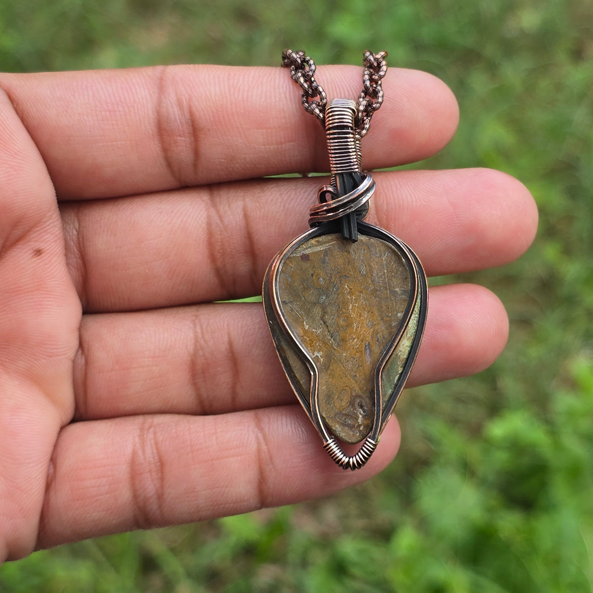 Plume Agate Gemstone Handmade Copper Wire Wrap Chain Pendant 2.36" Sunkarton