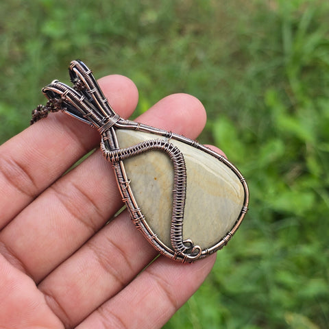Polychrome Jasper Gemstone Handmade Copper Wire Wrap Chain Pendant 2.95