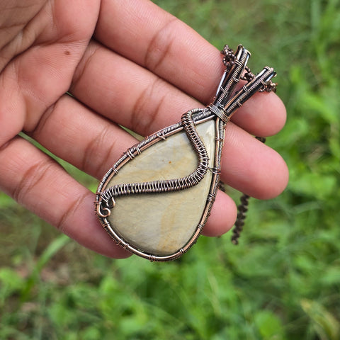 Polychrome Jasper Gemstone Handmade Copper Wire Wrap Chain Pendant 2.95