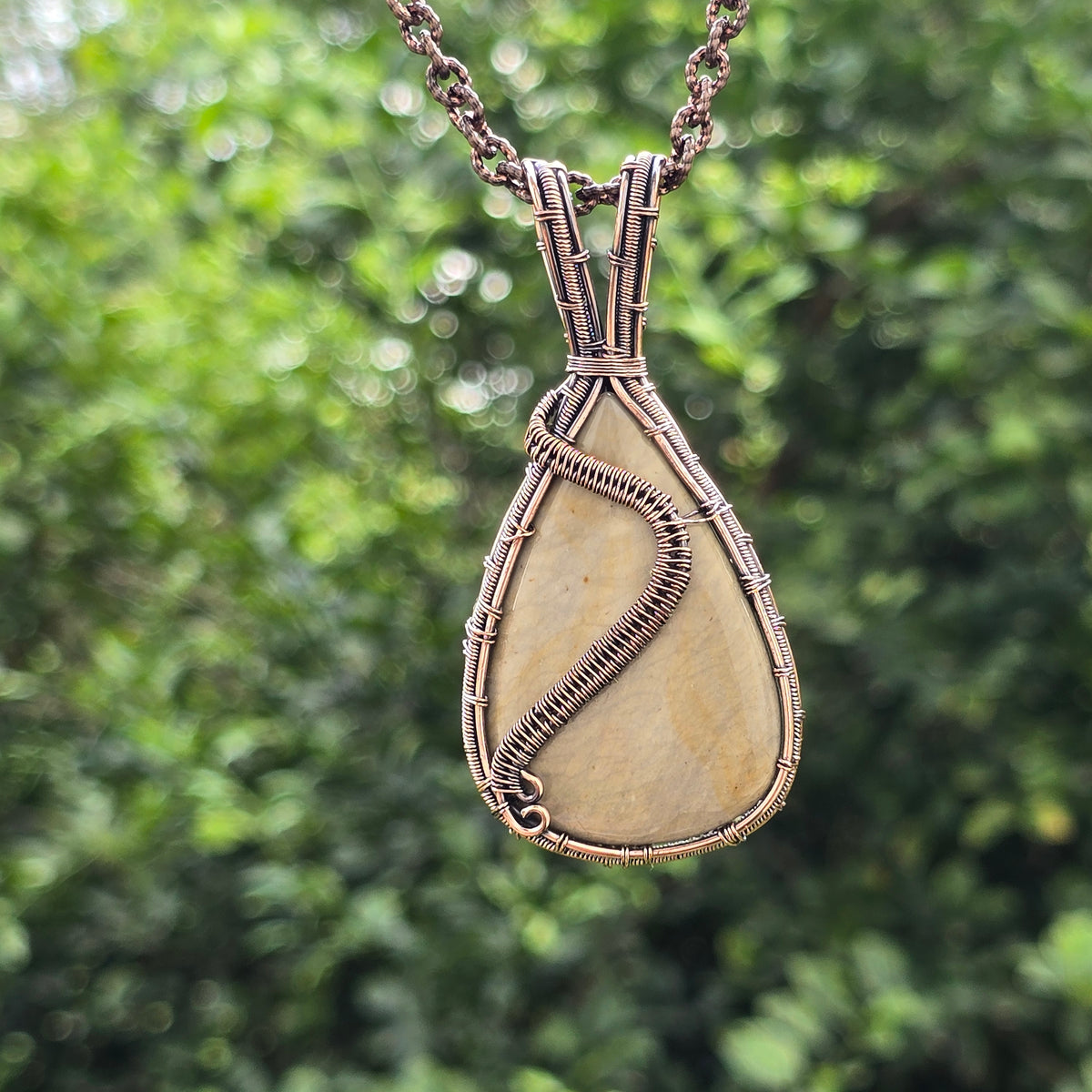 Polychrome Jasper Gemstone Handmade Copper Wire Wrap Chain Pendant 2.95" Sunkarton