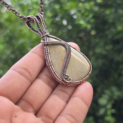 Polychrome Jasper Gemstone Handmade Copper Wire Wrap Chain Pendant 2.95" Sunkarton