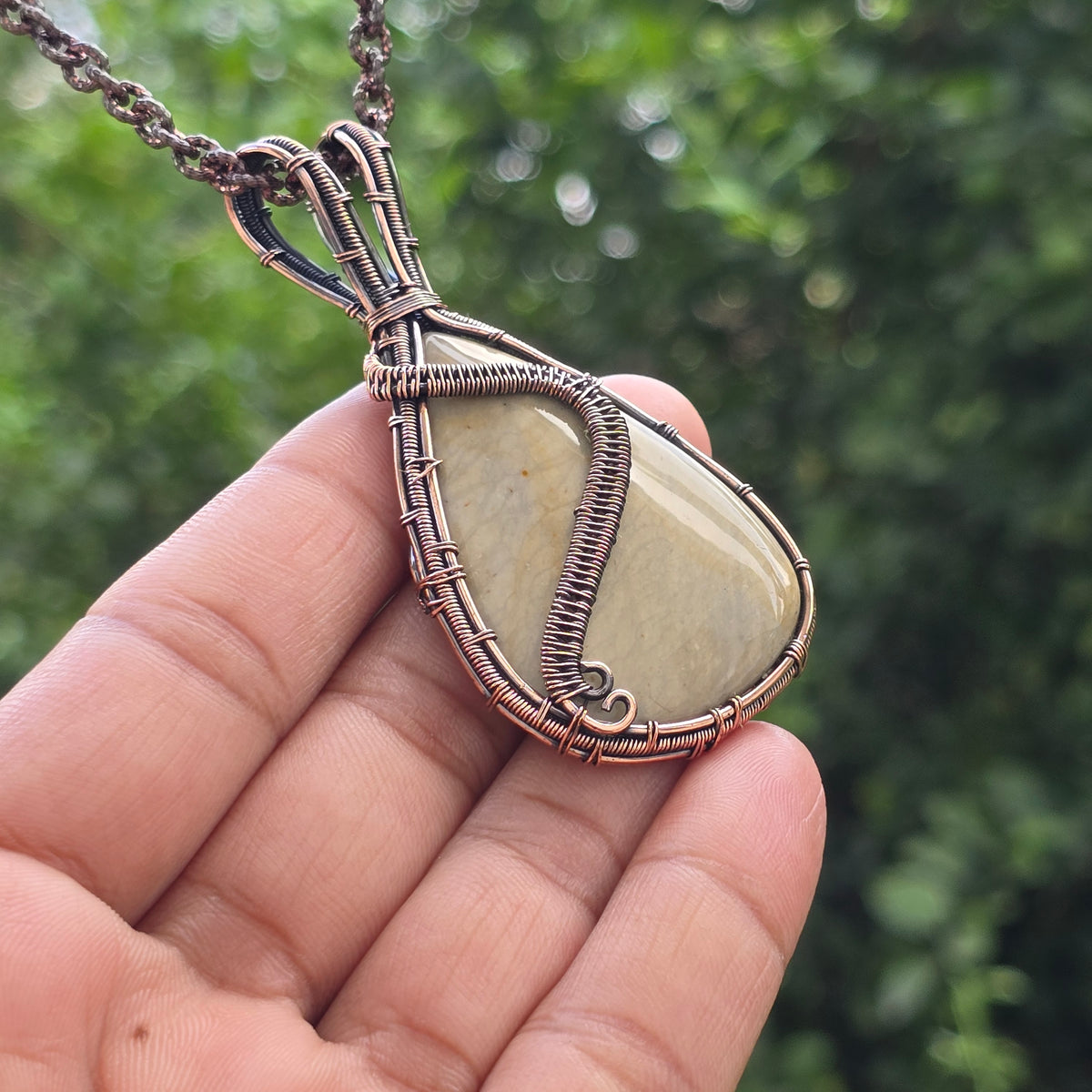 Polychrome Jasper Gemstone Handmade Copper Wire Wrap Chain Pendant 2.95" Sunkarton