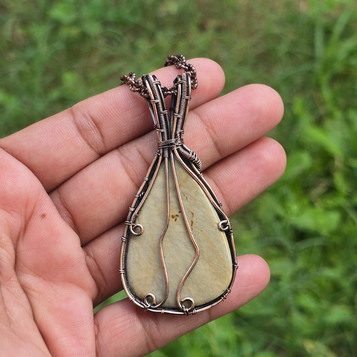 Polychrome Jasper Gemstone Handmade Copper Wire Wrap Chain Pendant 2.95" Sunkarton