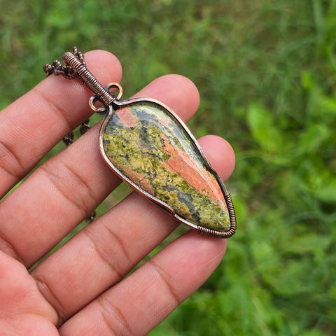 Unakite Gemstone Handmade Copper Wire Wrap Chain Pendant 2.95