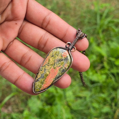 Unakite Gemstone Handmade Copper Wire Wrap Chain Pendant 2.95