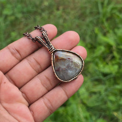 Crazy Lace Agate Gemstone Handmade Copper Wire Wrap Chain Pendant 2.16" Sunkarton