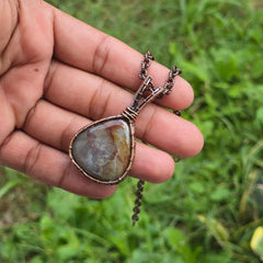 Crazy Lace Agate Gemstone Handmade Copper Wire Wrap Chain Pendant 2.16" Sunkarton