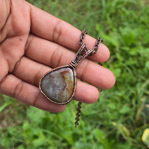 Crazy Lace Agate Gemstone Handmade Copper Wire Wrap Chain Pendant 2.16