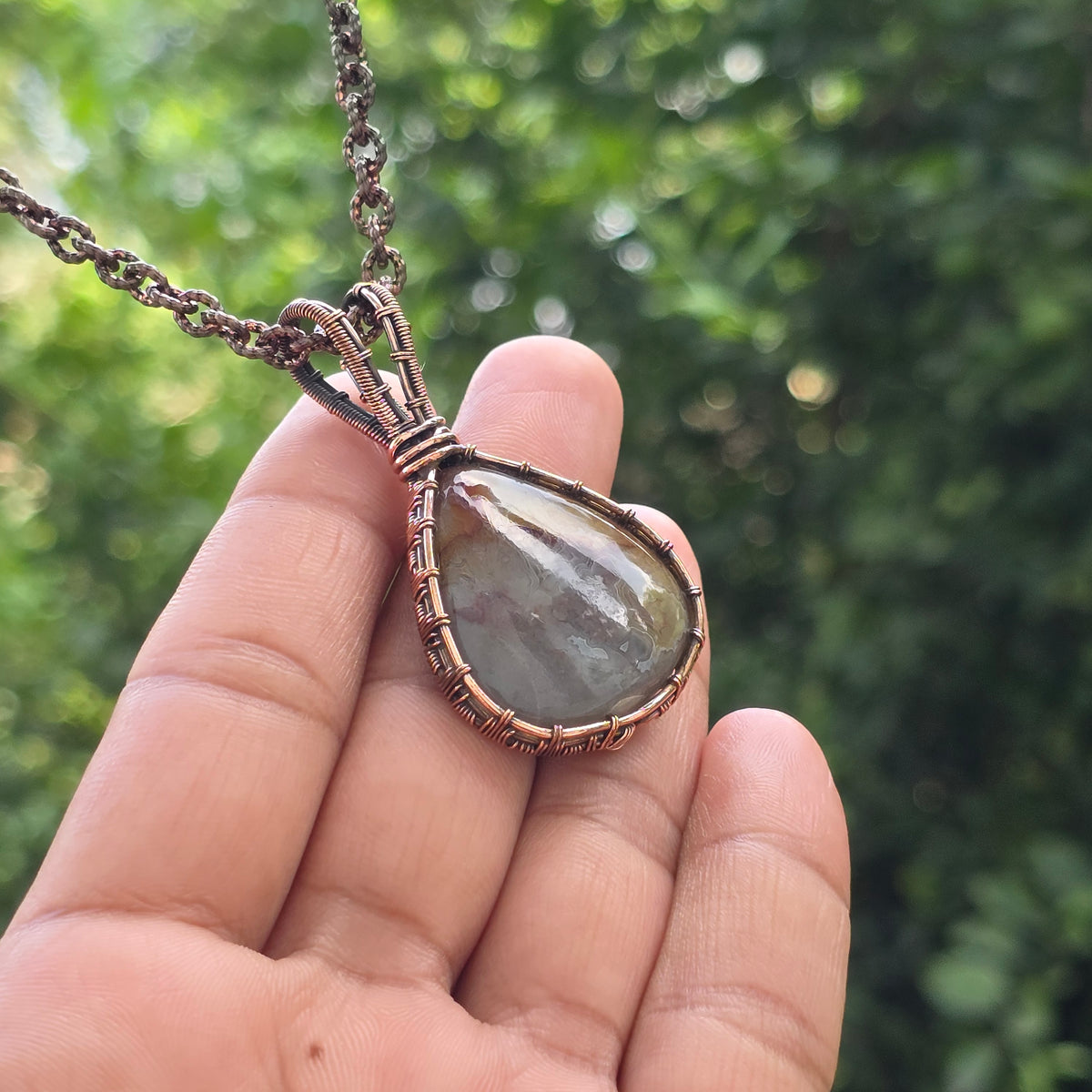 Crazy Lace Agate Gemstone Handmade Copper Wire Wrap Chain Pendant 2.16" Sunkarton