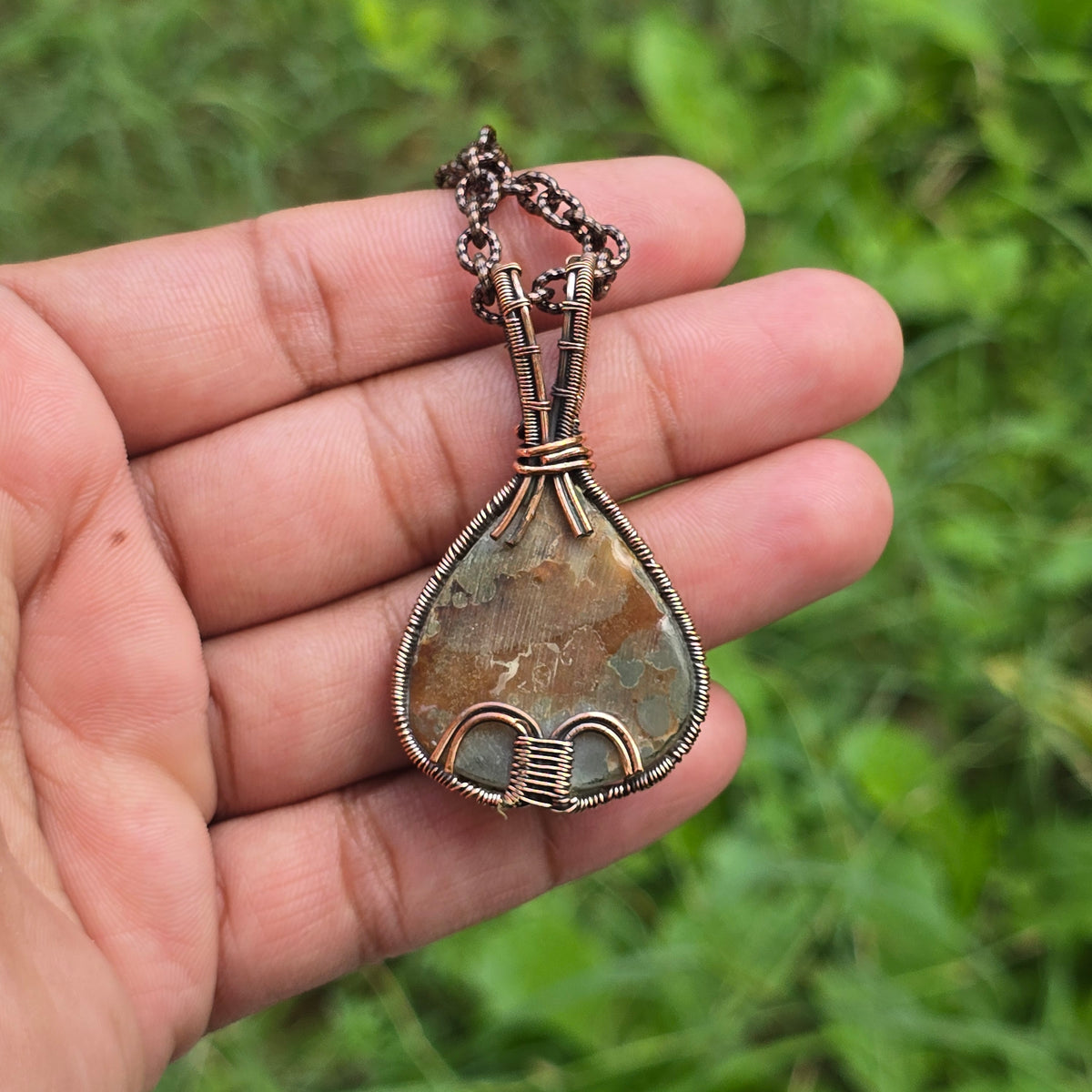 Crazy Lace Agate Gemstone Handmade Copper Wire Wrap Chain Pendant 2.16" Sunkarton