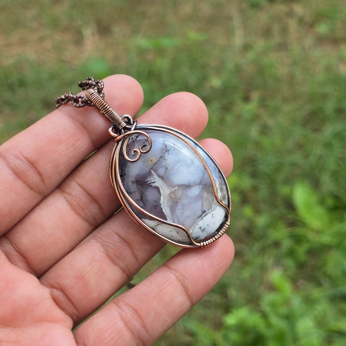 Dendrite Opal Gemstone Handmade Copper Wire Wrap Chain Pendant 2.36" Sunkarton