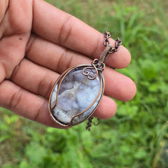 Dendrite Opal Gemstone Handmade Copper Wire Wrap Chain Pendant 2.36" Sunkarton