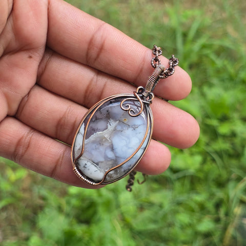 Dendrite Opal Gemstone Handmade Copper Wire Wrap Chain Pendant 2.36