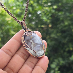 Dendrite Opal Gemstone Handmade Copper Wire Wrap Chain Pendant 2.36" Sunkarton