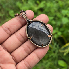 Silver Obsidian Gemstone Handmade Copper Wire Wrap Chain Pendant 2.36" Sunkarton