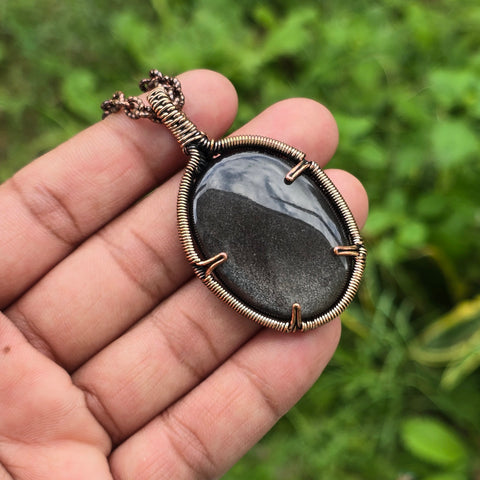Silver Obsidian Gemstone Handmade Copper Wire Wrap Chain Pendant 2.36