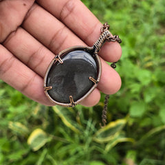 Silver Obsidian Gemstone Handmade Copper Wire Wrap Chain Pendant 2.36" Sunkarton