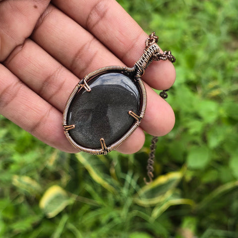 Silver Obsidian Gemstone Handmade Copper Wire Wrap Chain Pendant 2.36