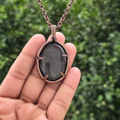 Silver Obsidian Gemstone Handmade Copper Wire Wrap Chain Pendant 2.36" Sunkarton