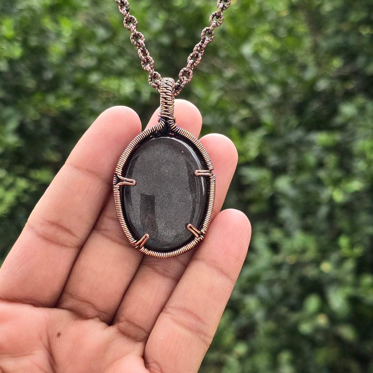 Silver Obsidian Gemstone Handmade Copper Wire Wrap Chain Pendant 2.36" Sunkarton