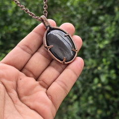 Silver Obsidian Gemstone Handmade Copper Wire Wrap Chain Pendant 2.36" Sunkarton