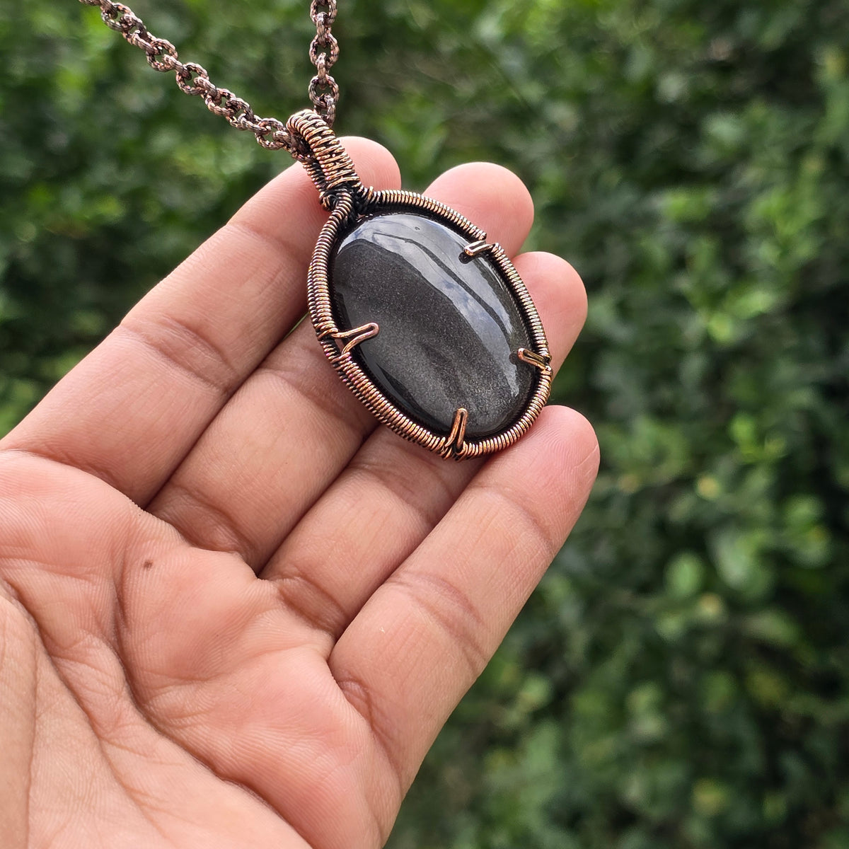 Silver Obsidian Gemstone Handmade Copper Wire Wrap Chain Pendant 2.36" Sunkarton
