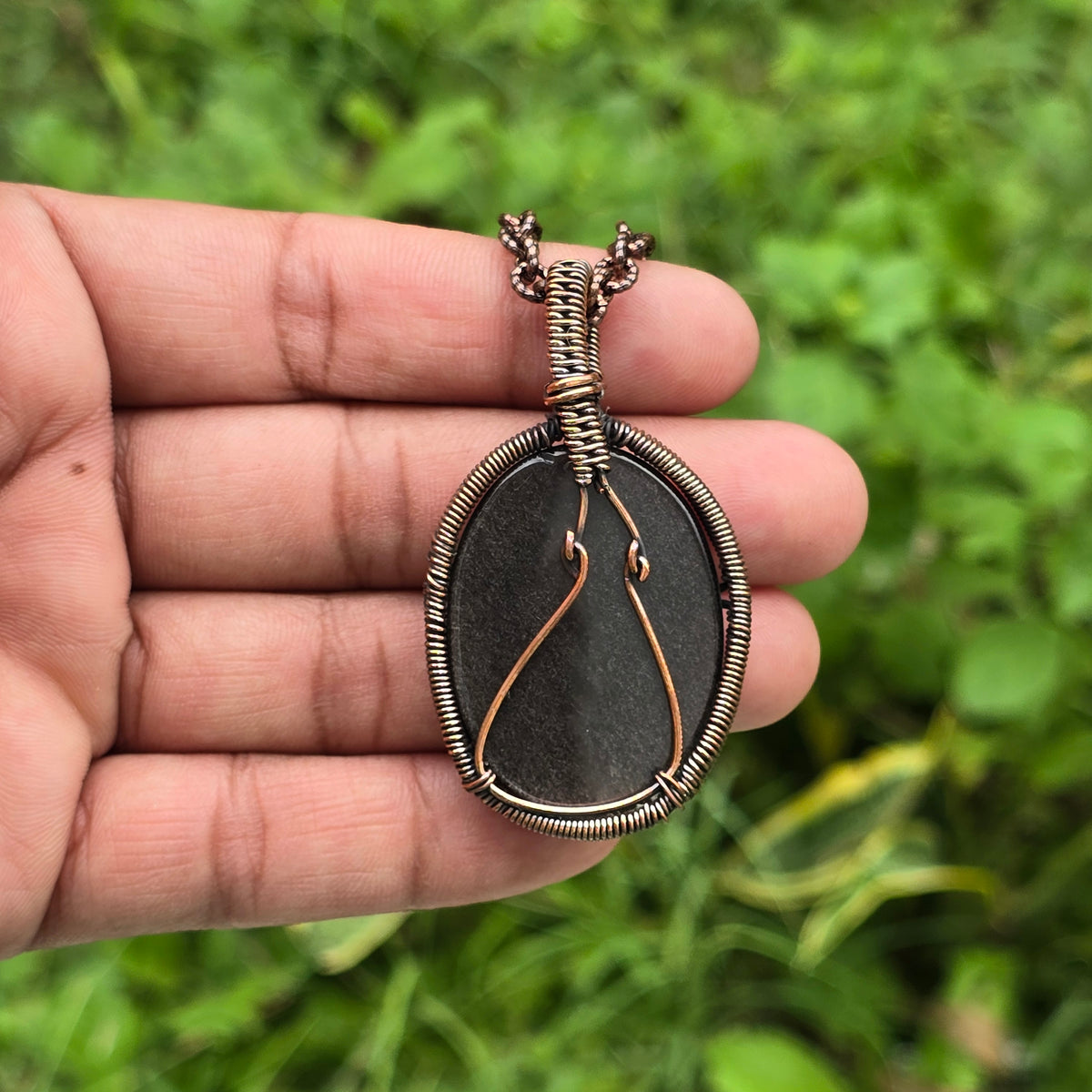 Silver Obsidian Gemstone Handmade Copper Wire Wrap Chain Pendant 2.36" Sunkarton