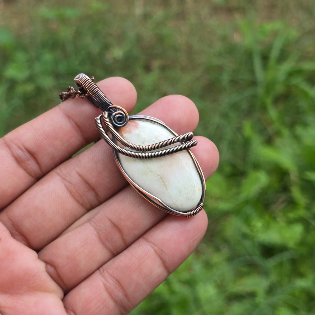 Scolecite  Gemstone Handmade Copper Wire Wrap Chain Pendant 2.55" Sunkarton