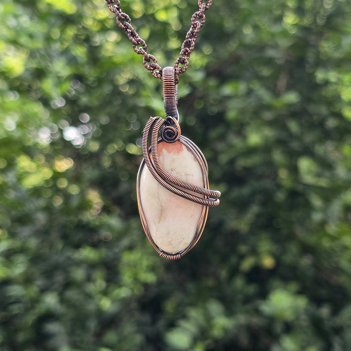 Scolecite  Gemstone Handmade Copper Wire Wrap Chain Pendant 2.55" Sunkarton