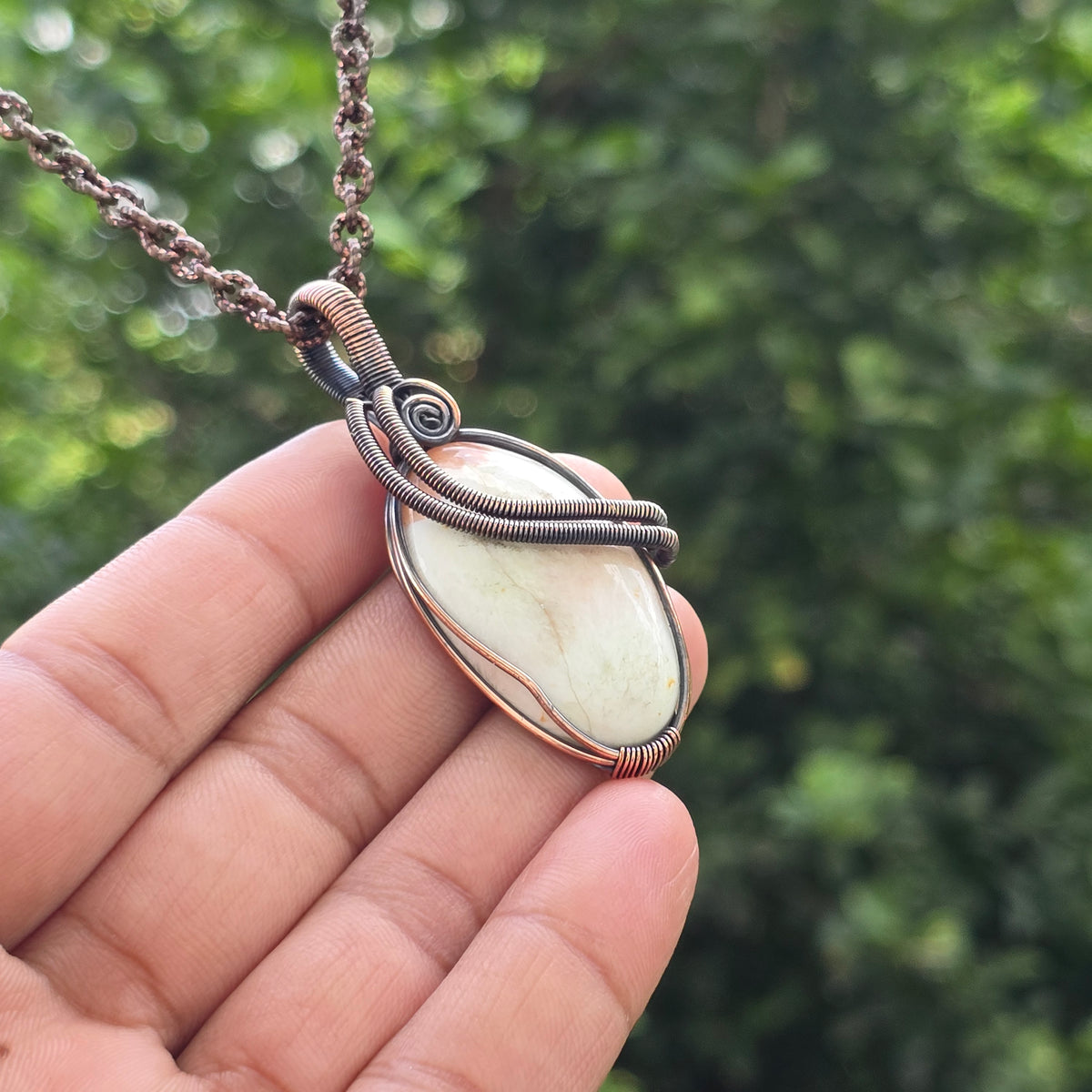Scolecite  Gemstone Handmade Copper Wire Wrap Chain Pendant 2.55" Sunkarton