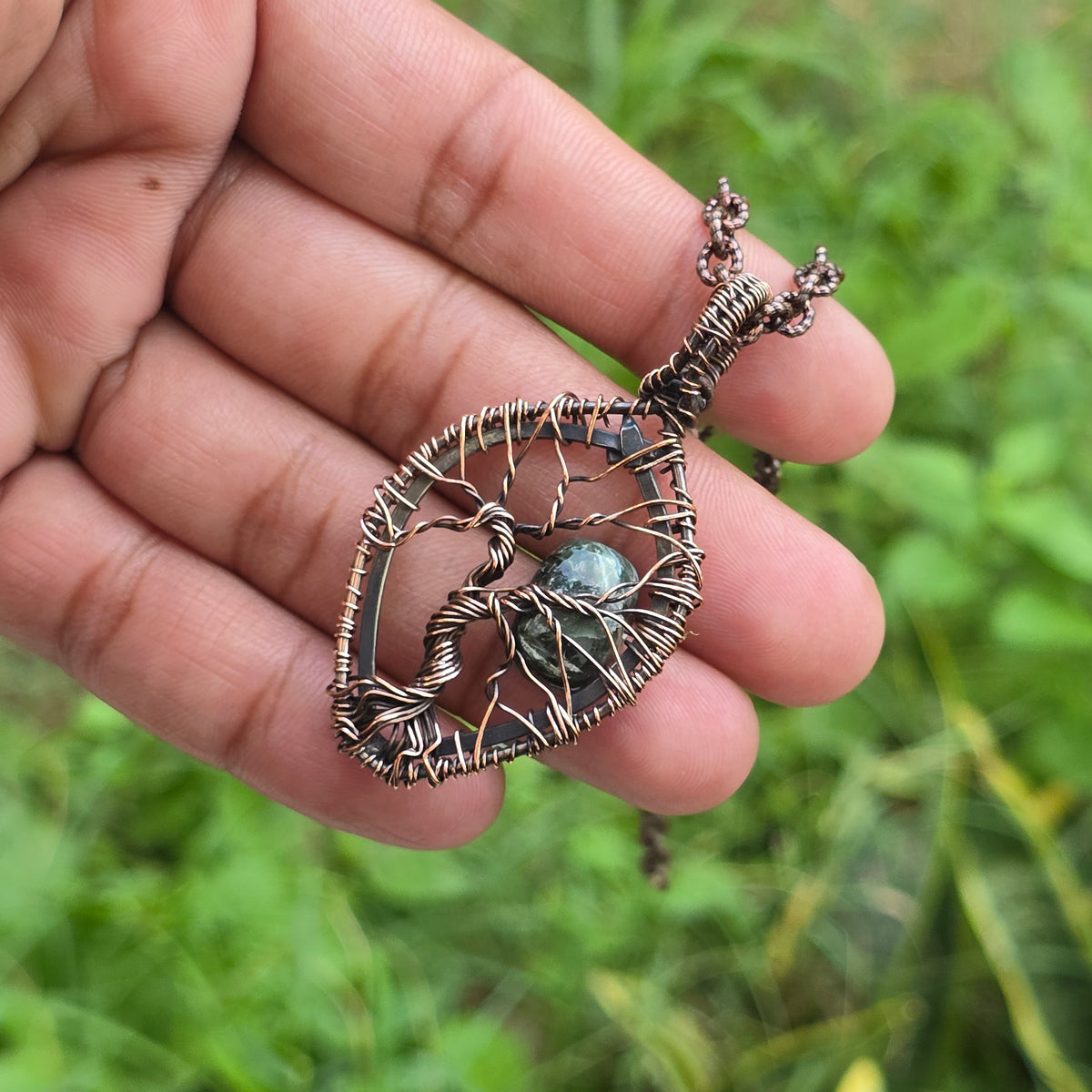 Seraphinite Gemstone Handmade Copper Wire Wrap Chain Pendant 2.16" Sunkarton